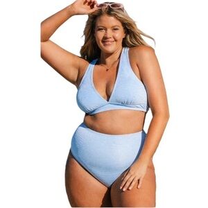 Mini Textured Print Blue Classic High Waist Plus Size Two Piece Swimwear 2X NWT